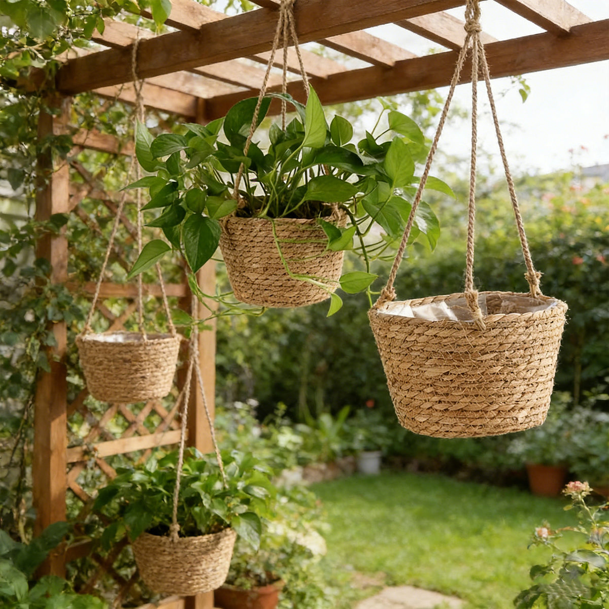 Cache-pot suspendu tressé Ø 20 cm en fibre naturelle - Lot de 2