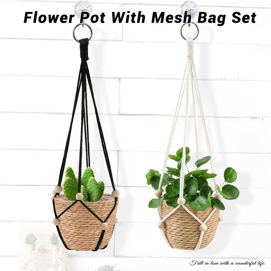 Cache-pot suspendu tressé et macramé, lot de 2 noir ou blanc