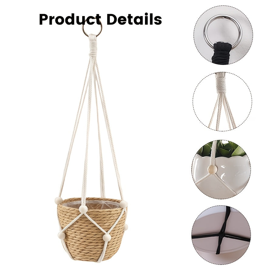 Cache-pot suspendu tressé et macramé, lot de 2 noir ou blanc