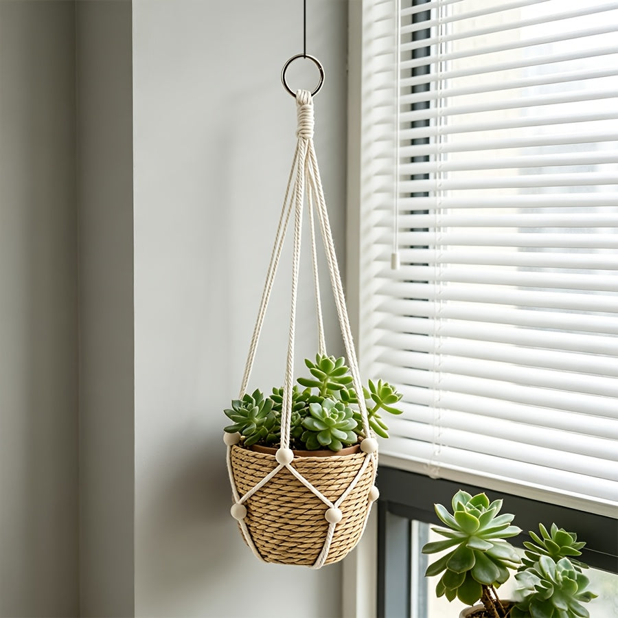 Cache-pot suspendu tressé et macramé, lot de 2 noir ou blanc