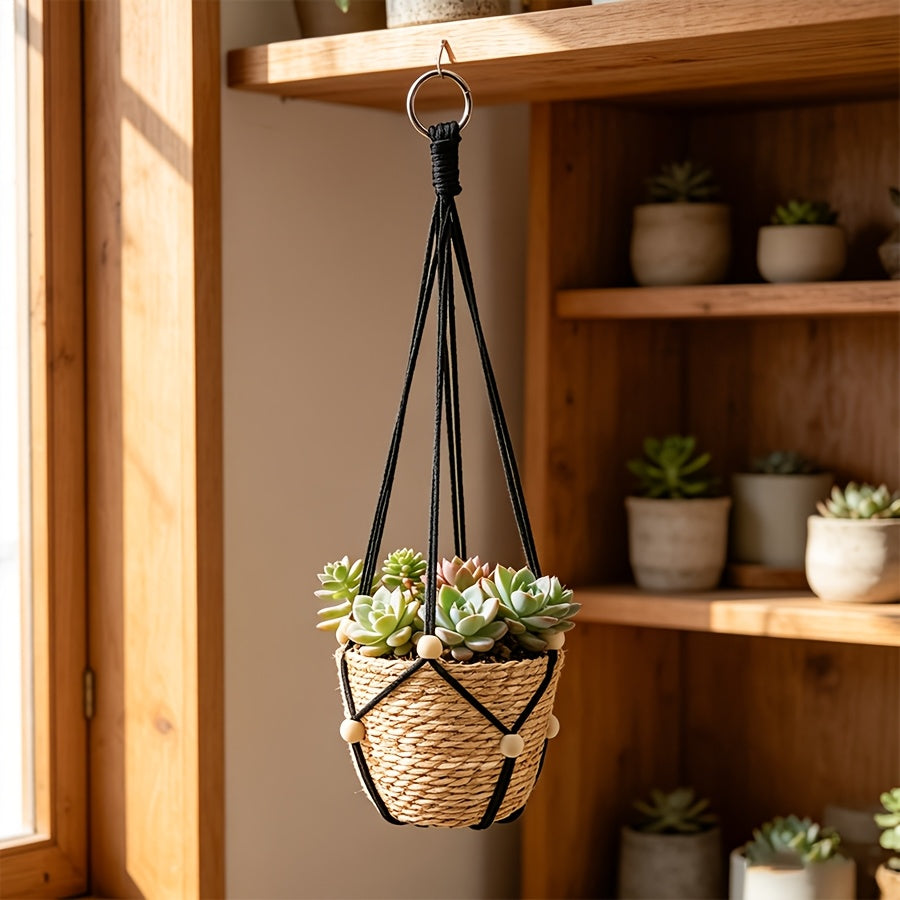 Cache-pot suspendu tressé et macramé, lot de 2 noir ou blanc