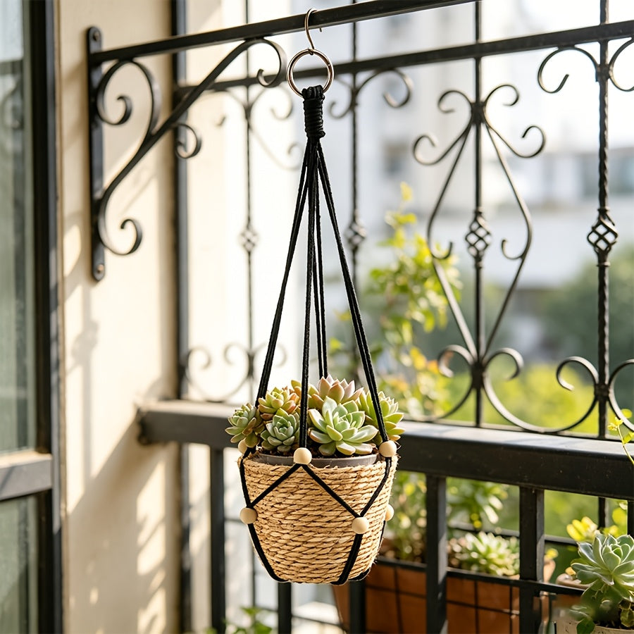 Cache-pot suspendu tressé et macramé, lot de 2 noir ou blanc