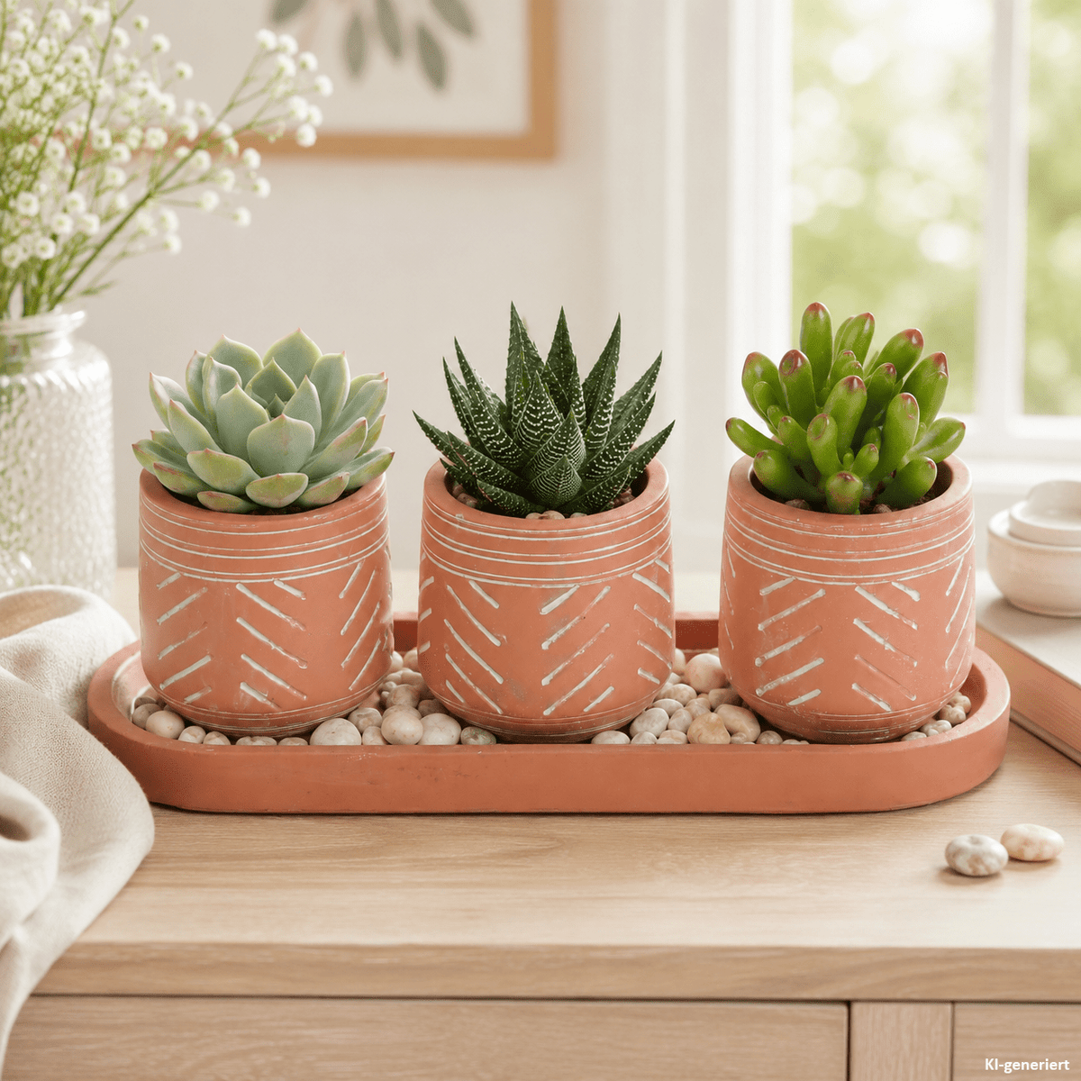 Cache-pot terre cuite Ø 7 cm avec plateau, lot de 4 pièces