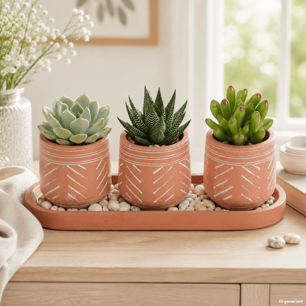 Ensemble de pots à fleurs TERRA 4 pièces - 3 pots avec 1 soucoupe en terre cuite