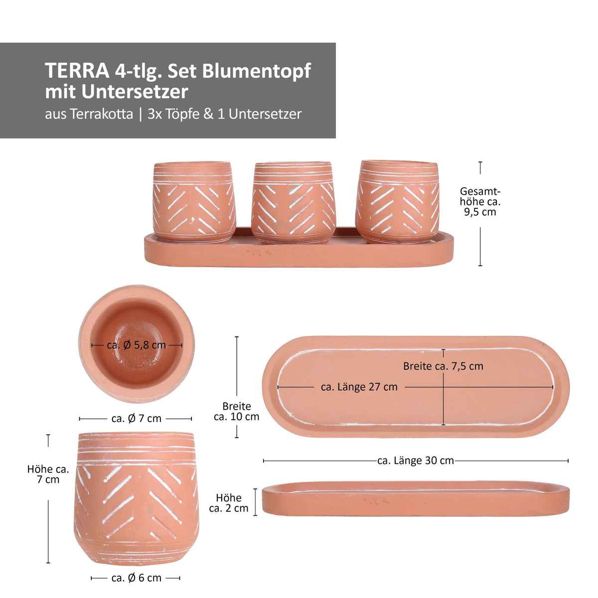 Cache-pot terre cuite Ø 7 cm avec plateau, lot de 4 pièces