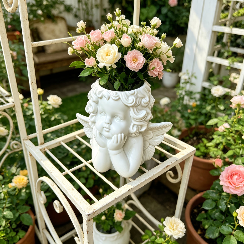 Cache-pot tête d'ange en résine blanche 12 cm pour intérieur
