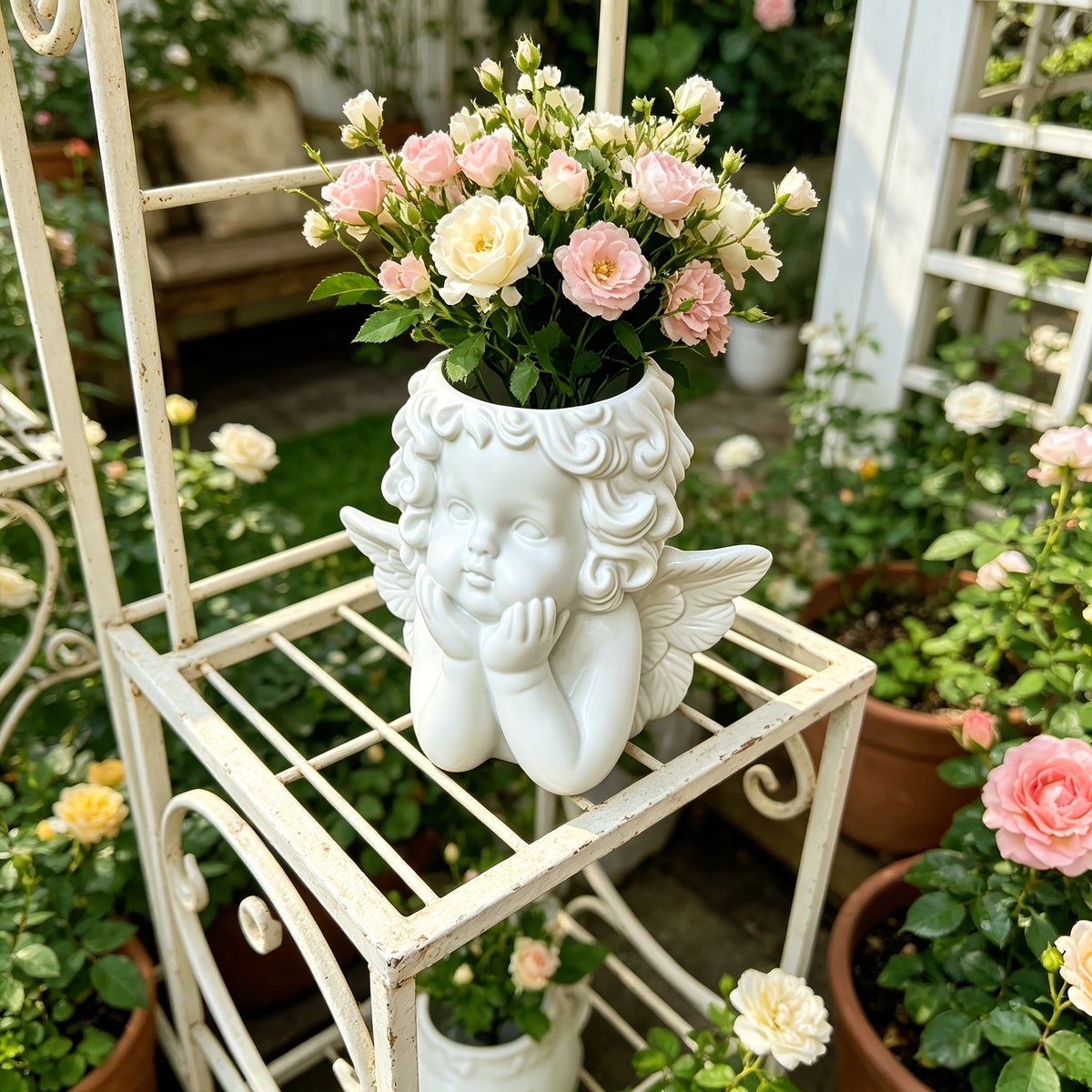 Cache-pot tête d'ange en résine blanche 12 cm pour intérieur