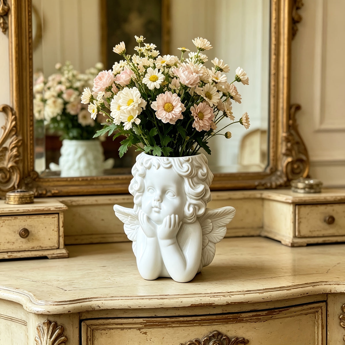 Cache-pot tête d'ange en résine blanche 12 cm pour intérieur
