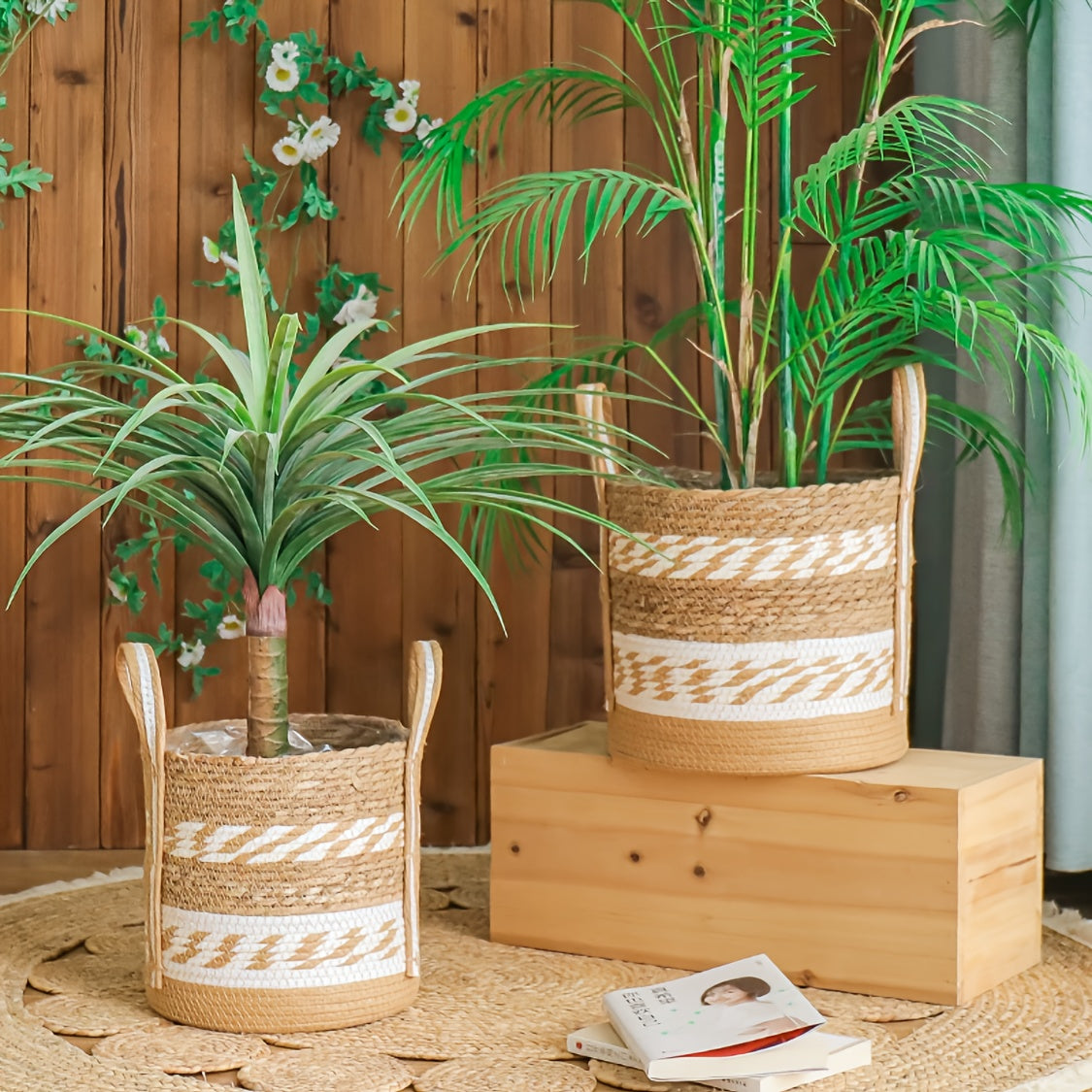 Cache-pot tressé lot de 2 naturel Ø 31 et Ø 26 cm à anses