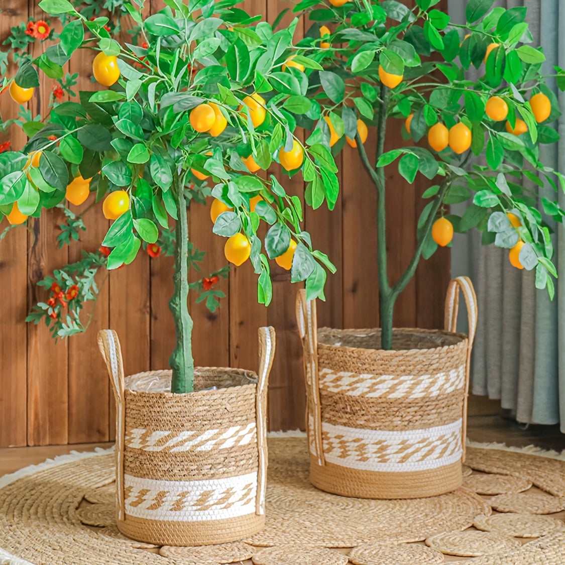 Cache-pot tressé lot de 2 naturel Ø 31 et Ø 26 cm à anses