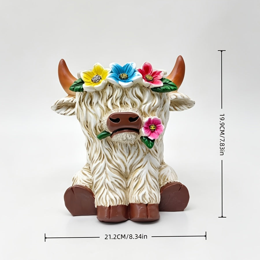 Cache-pot sculpture vache des Highlands en résine crème