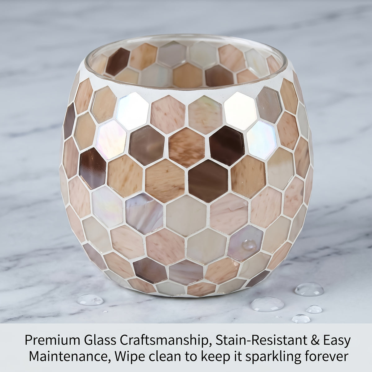 Cache-pot en verre mosaïque nid d'abeille Ø 11 cm beige