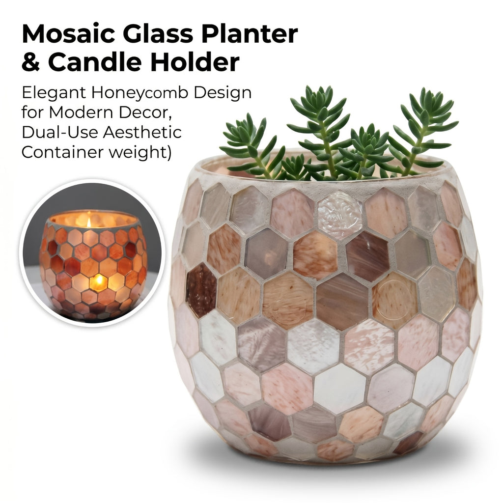 Cache-pot en verre mosaïque nid d'abeille Ø 11 cm beige
