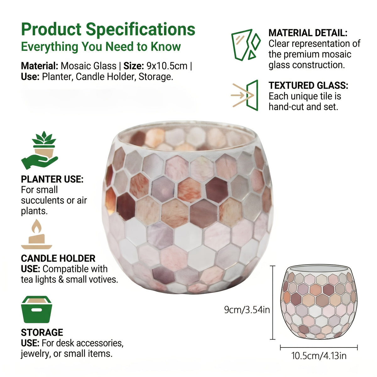 Cache-pot en verre mosaïque nid d'abeille Ø 11 cm beige