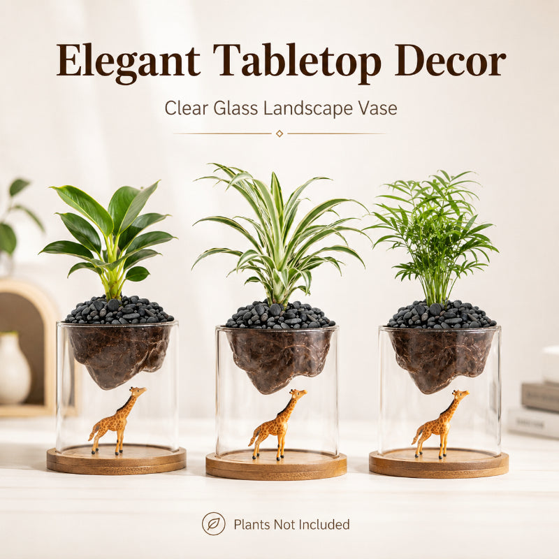 Cache-pot en verre original avec socle bois et figurine girafe