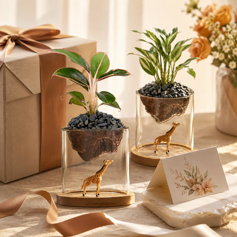 Cache-pot en verre original avec socle bois et figurine girafe