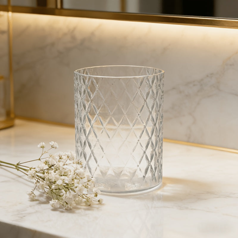 Cache-pot en verre transparent Ø 11 cm, motif losanges taillés