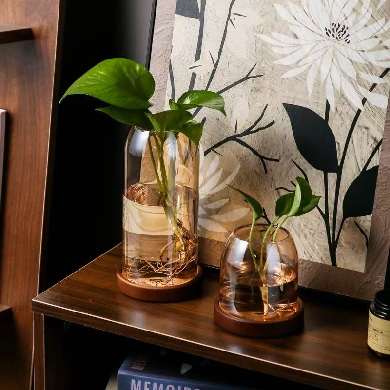 Cache-pot en verre vintage Ø 11 cm avec soucoupe en bois
