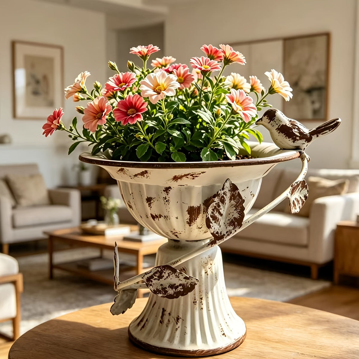 Cache-pot vintage en métal blanc vieilli avec oiseau, 19 cm