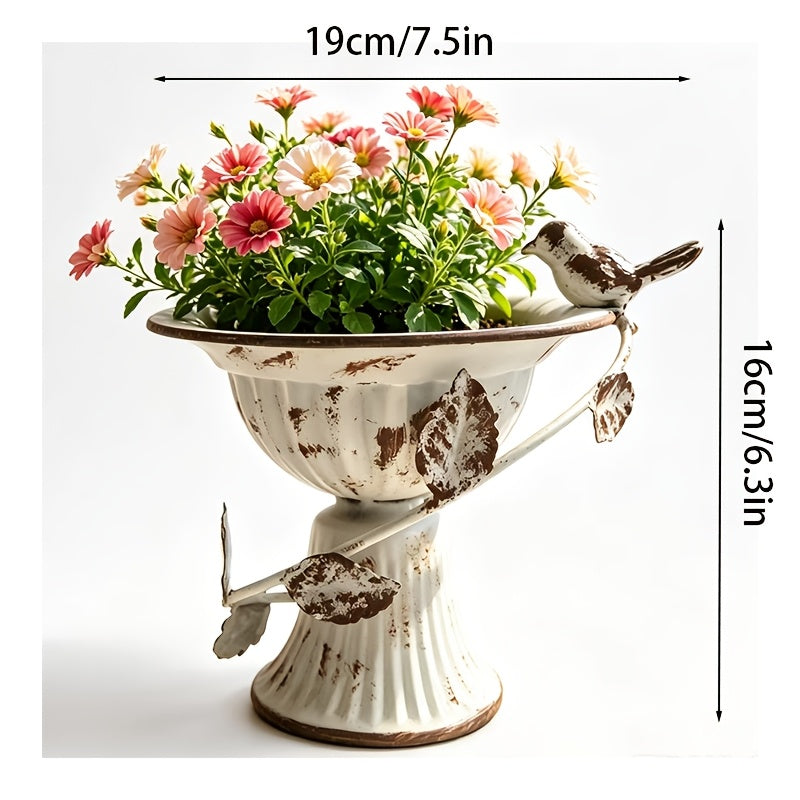 Cache-pot vintage en métal blanc vieilli avec oiseau, 19 cm