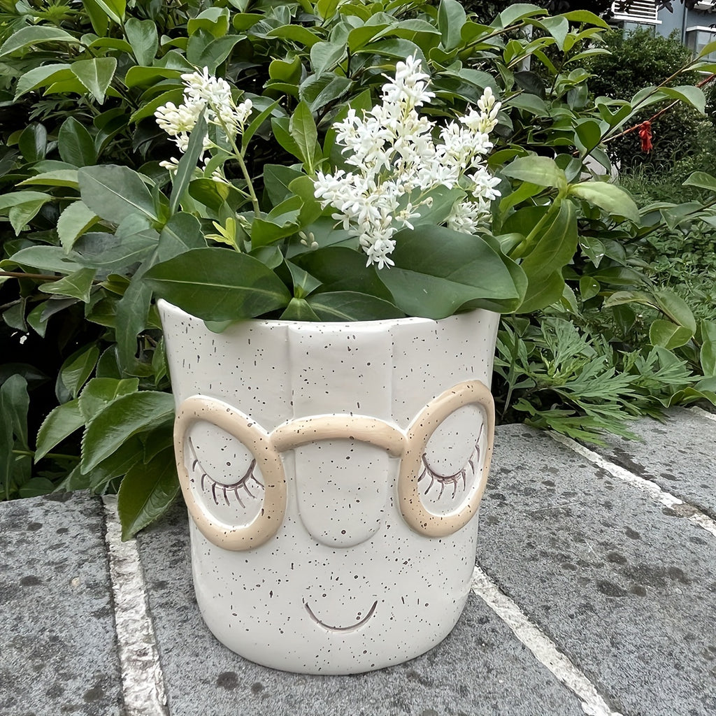 Cache-pot visage Ø 11 cm — blanc moucheté à lunettes rondes