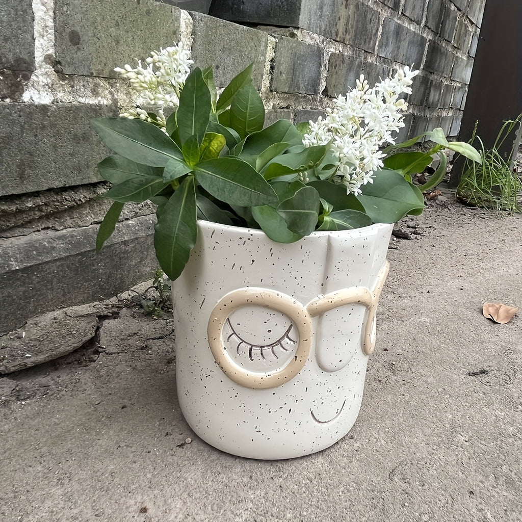 Cache-pot visage Ø 11 cm — blanc moucheté à lunettes rondes