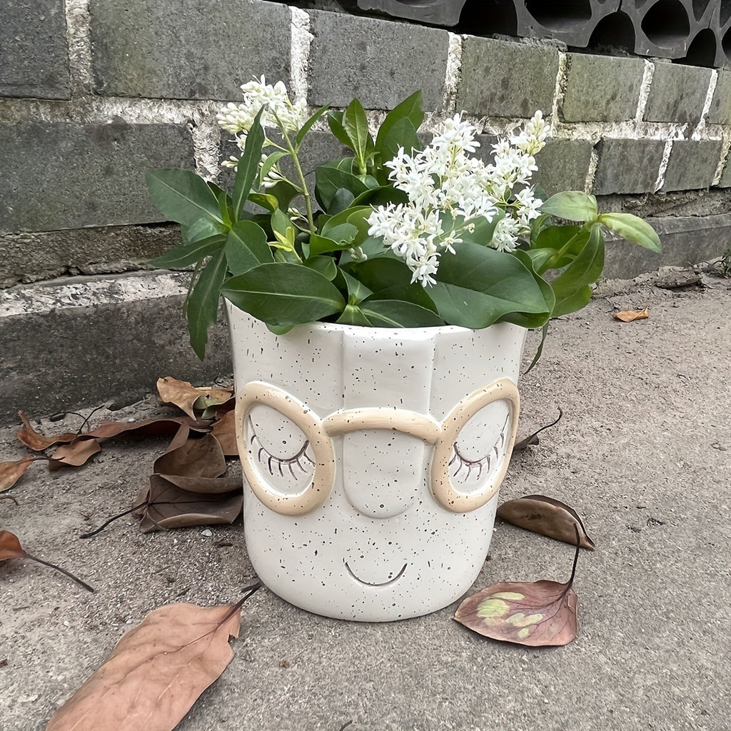 Cache-pot visage Ø 11 cm — blanc moucheté à lunettes rondes