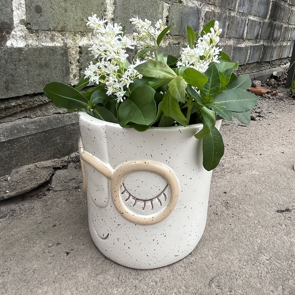 Cache-pot visage Ø 11 cm — blanc moucheté à lunettes rondes