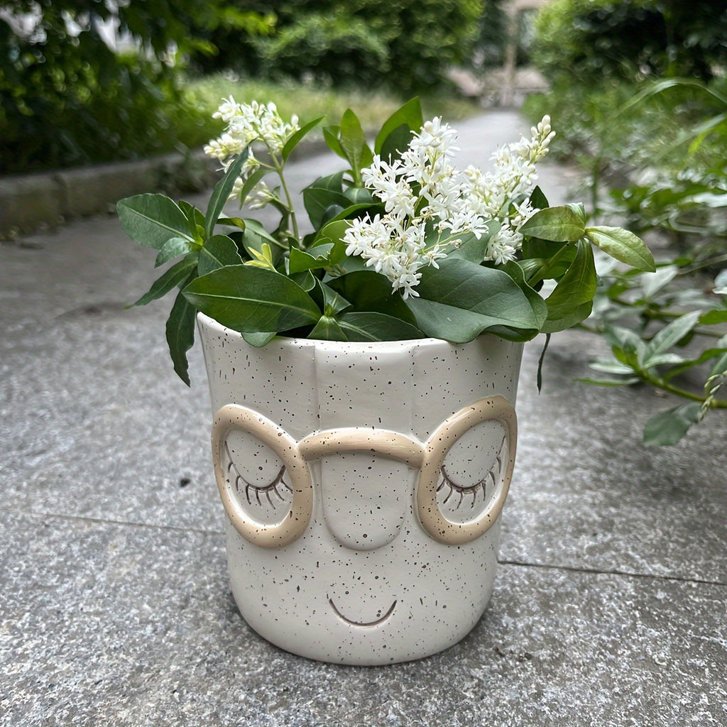 Cache-pot visage Ø 11 cm — blanc moucheté à lunettes rondes