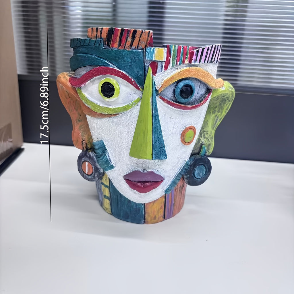 Cache-pot visage cubiste multicolore en résine — 18 cm de haut