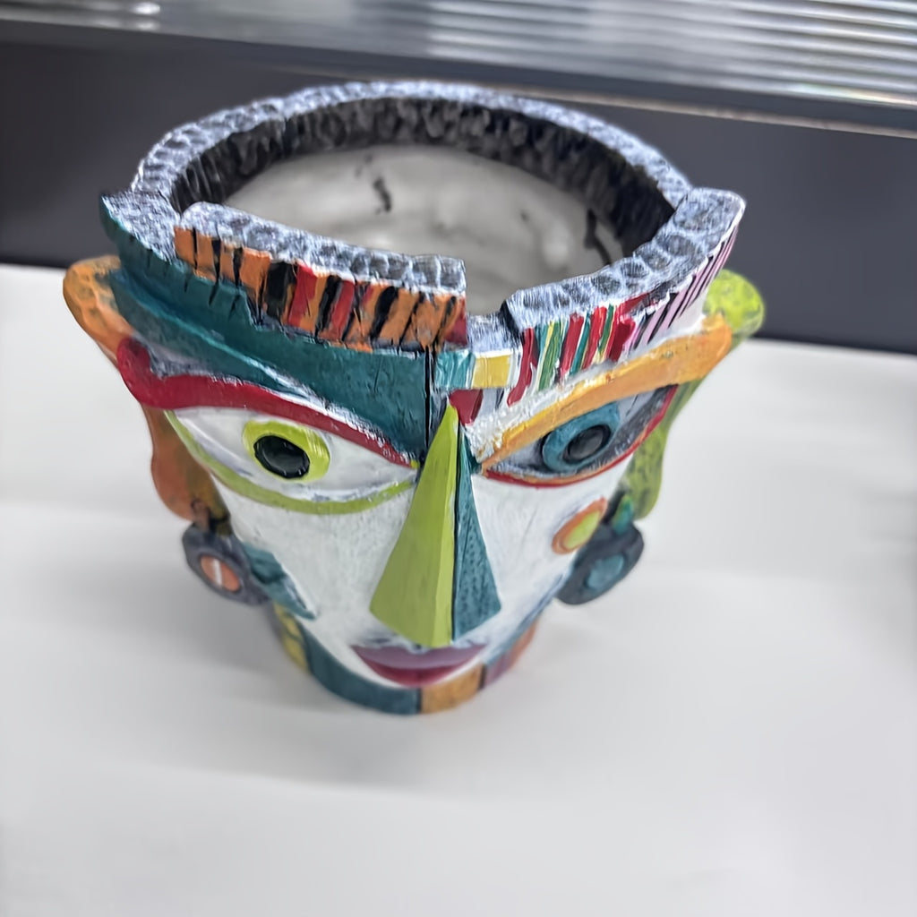 Cache-pot visage cubiste multicolore en résine — 18 cm de haut
