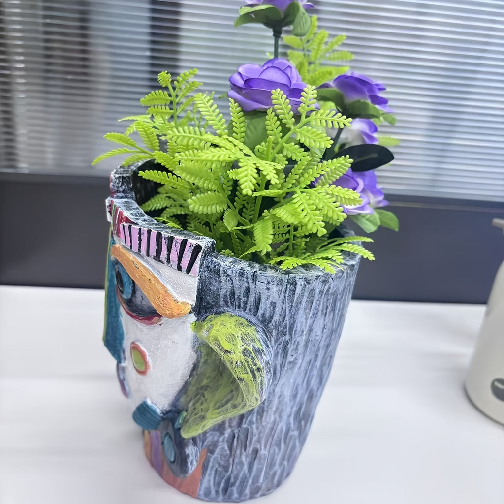 Cache-pot visage cubiste multicolore en résine — 18 cm de haut