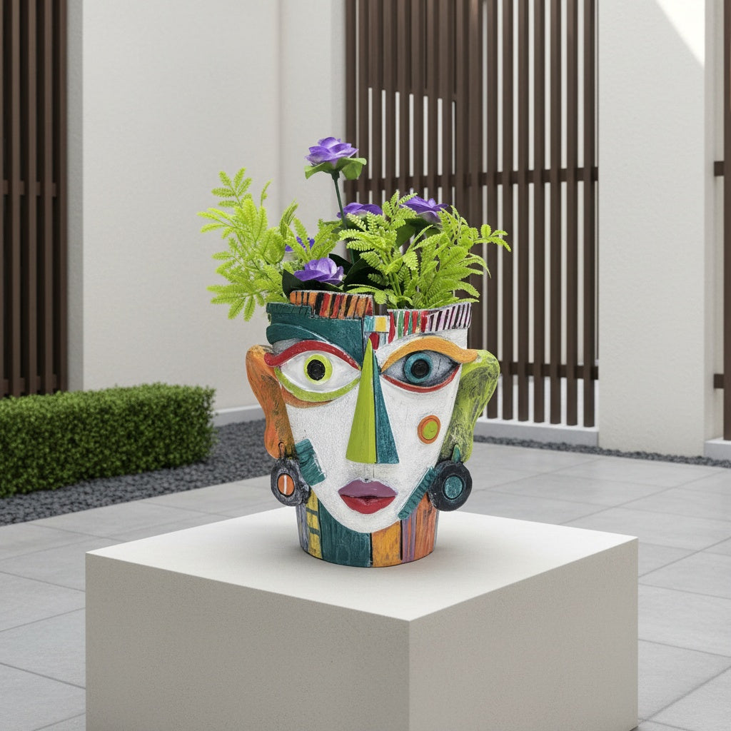 Cache-pot visage cubiste multicolore en résine — 18 cm de haut