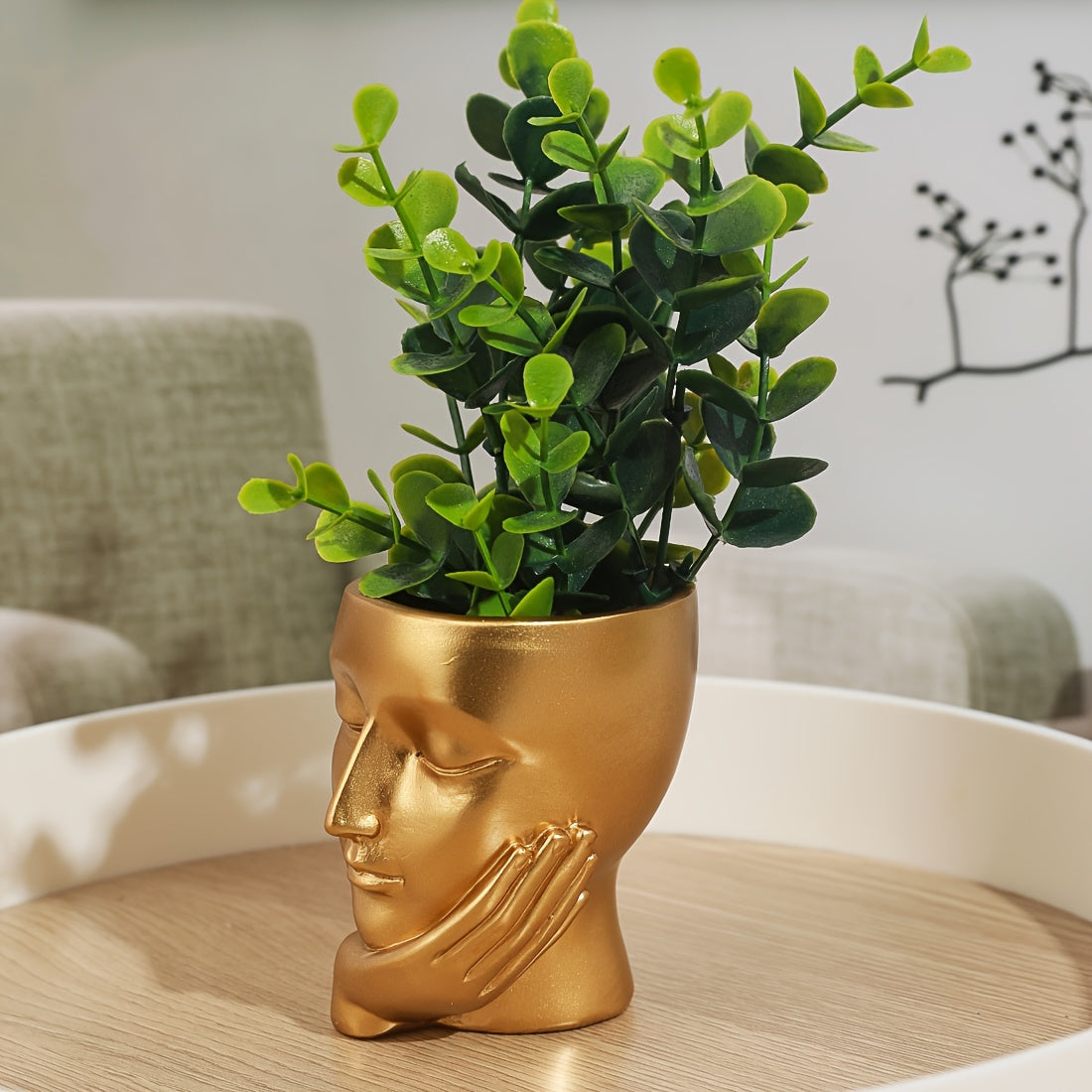 Cache-pot visage doré en résine 9 cm — décoration de bureau