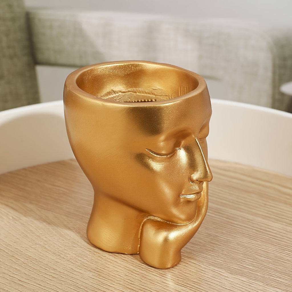 Cache-pot visage doré en résine 9 cm — décoration de bureau