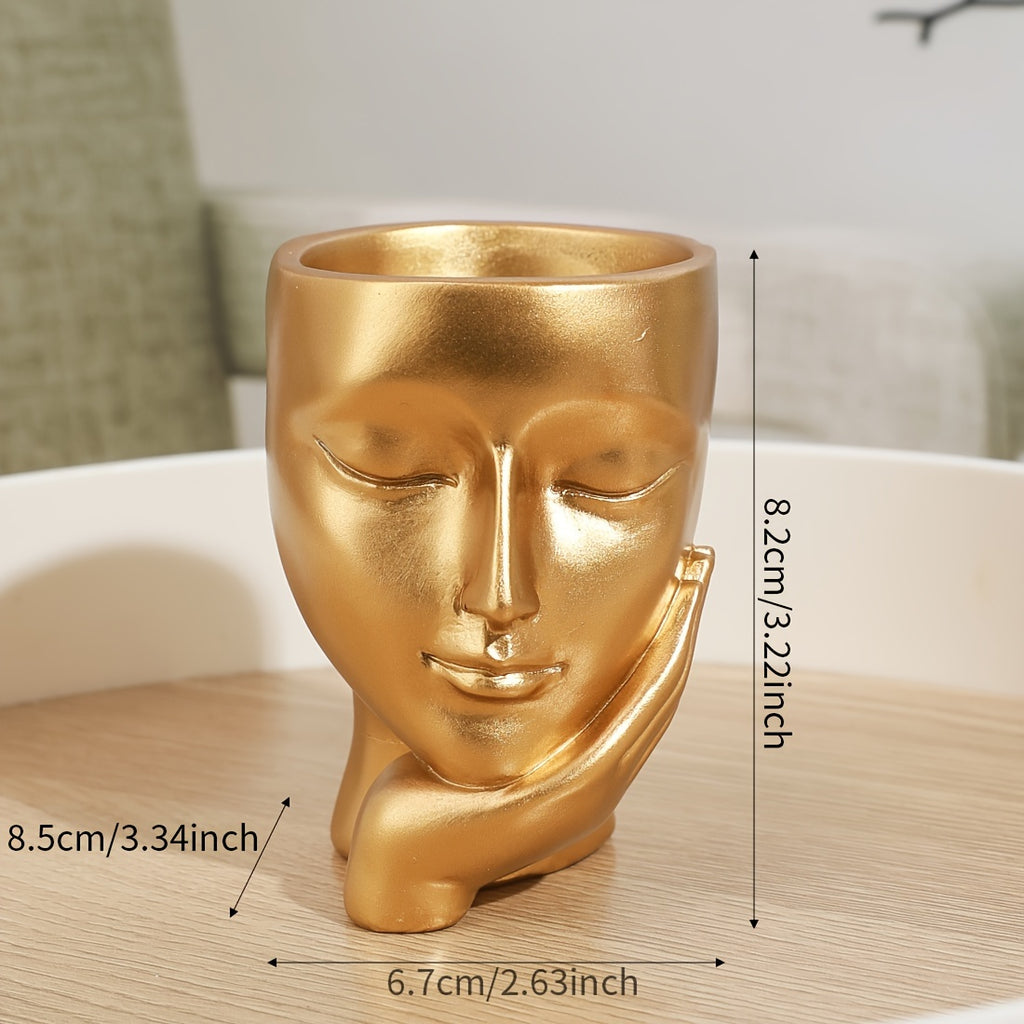 Cache-pot visage doré en résine 9 cm — décoration de bureau