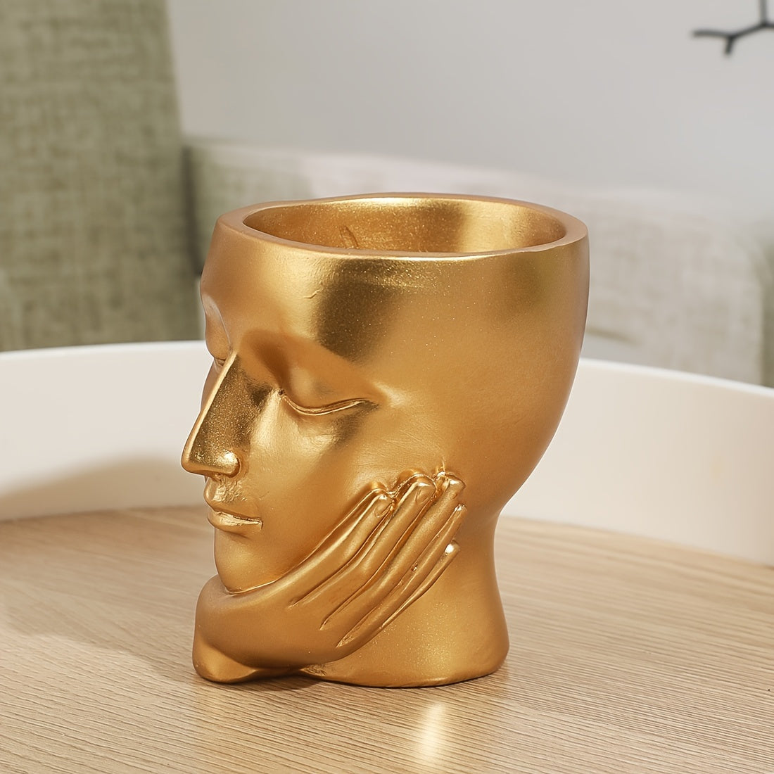 Cache-pot visage doré en résine 9 cm — décoration de bureau
