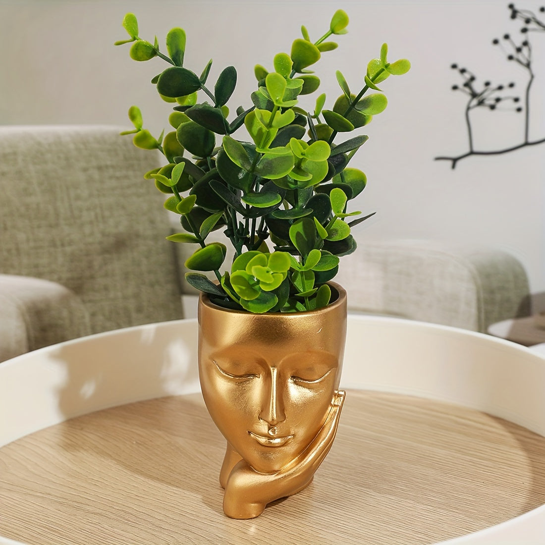 Cache-pot visage doré en résine 9 cm — décoration de bureau