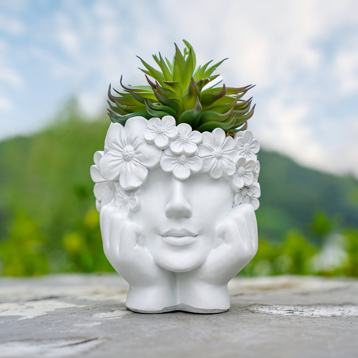 Cache-pot visage fleuri en résine Ø 14 cm pour succulentes