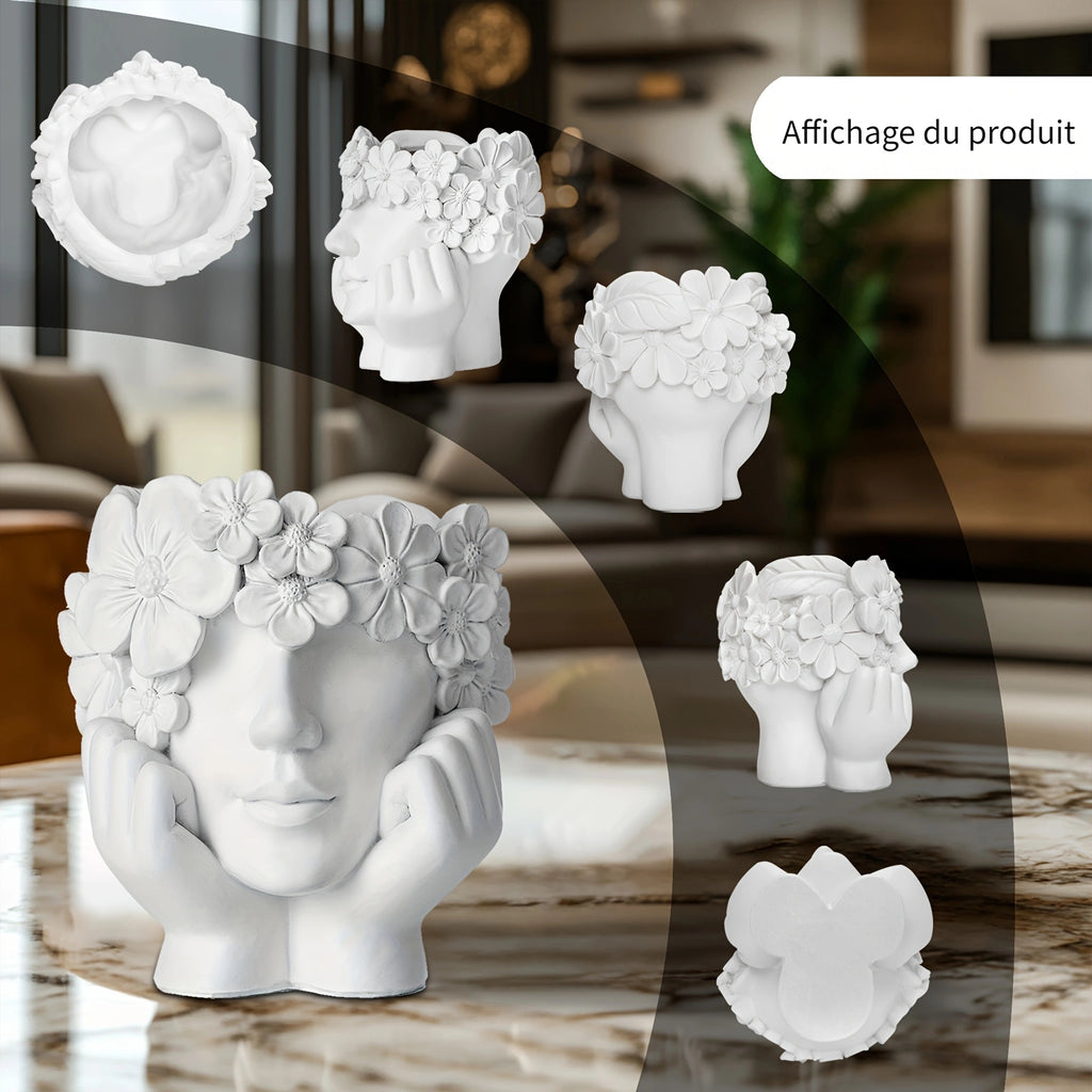 Cache-pot visage fleuri en résine Ø 14 cm pour succulentes