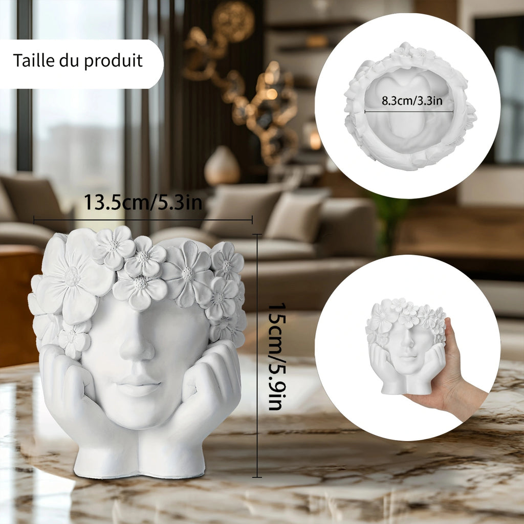 Cache-pot visage fleuri en résine Ø 14 cm pour succulentes