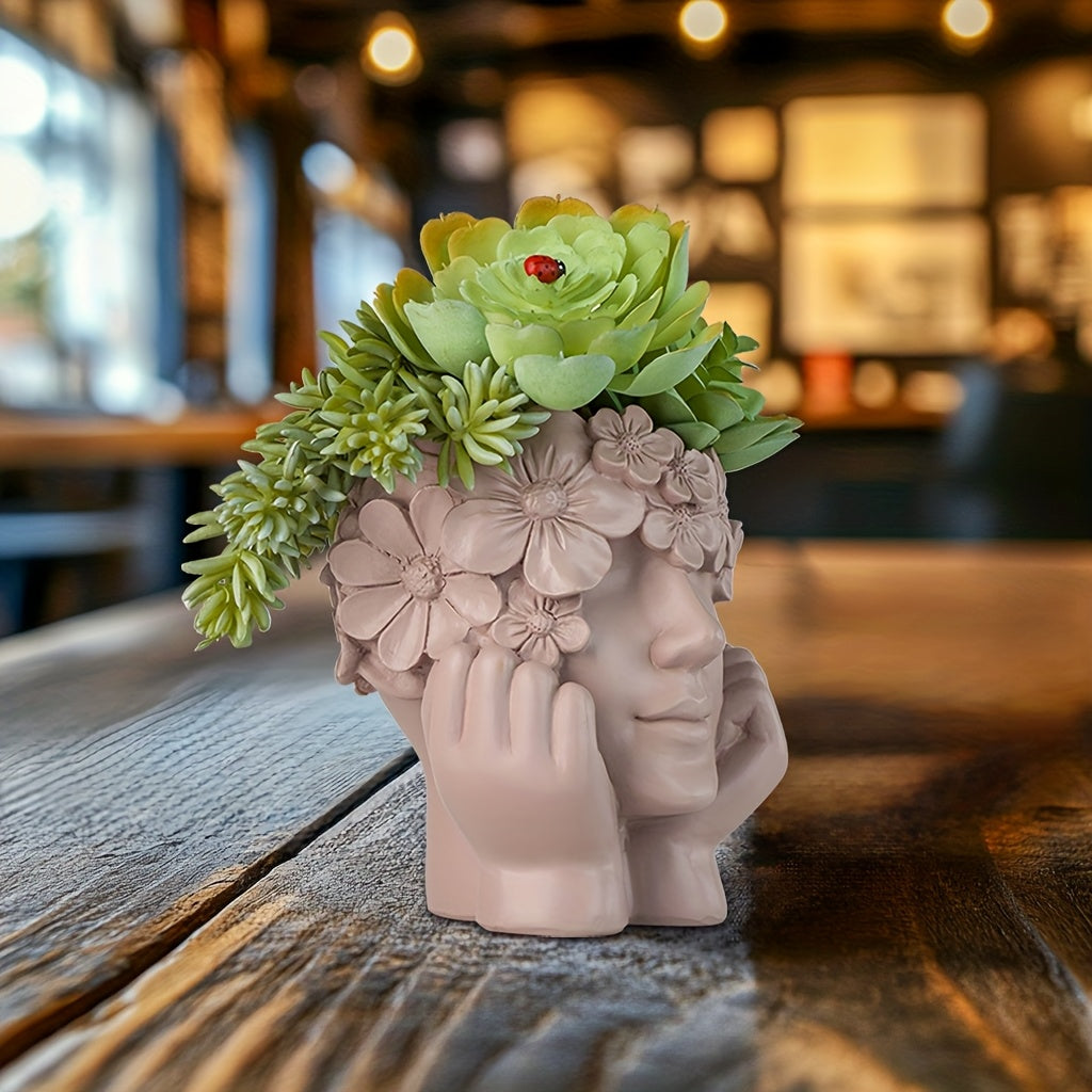 Cache-pot visage fleuri en résine Ø 14 cm pour succulentes