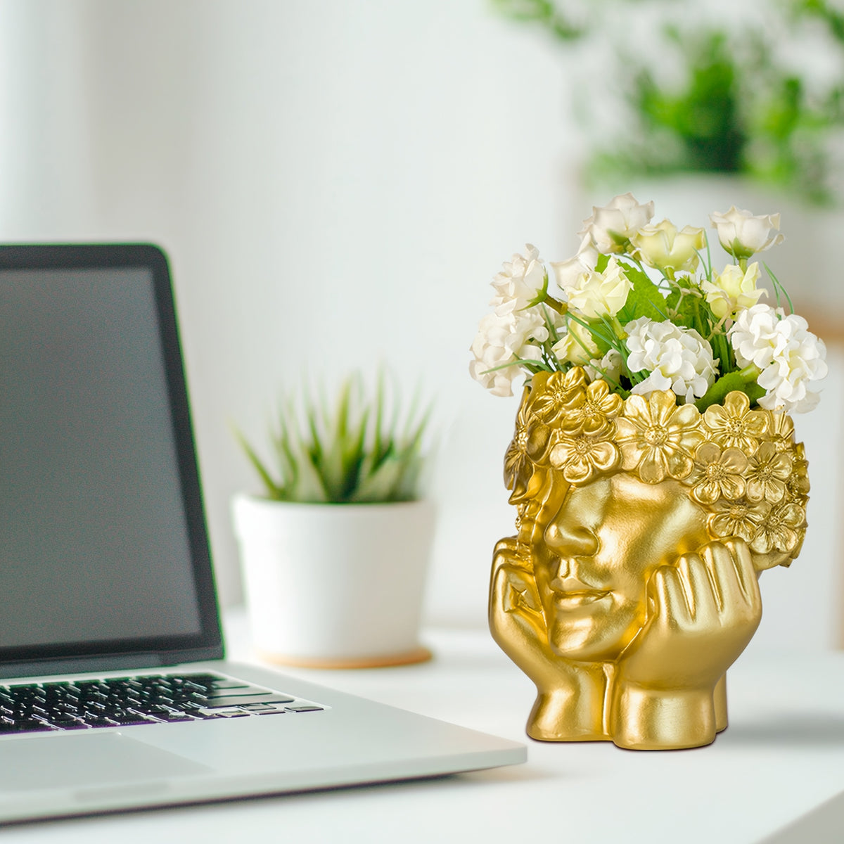 Cache-pot visage fleuri en résine Ø 14 cm pour succulentes