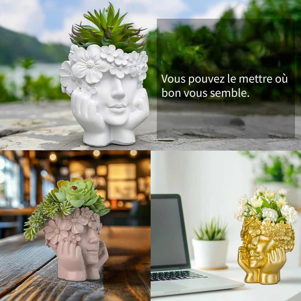 Cache-pot visage fleuri en résine Ø 14 cm pour succulentes