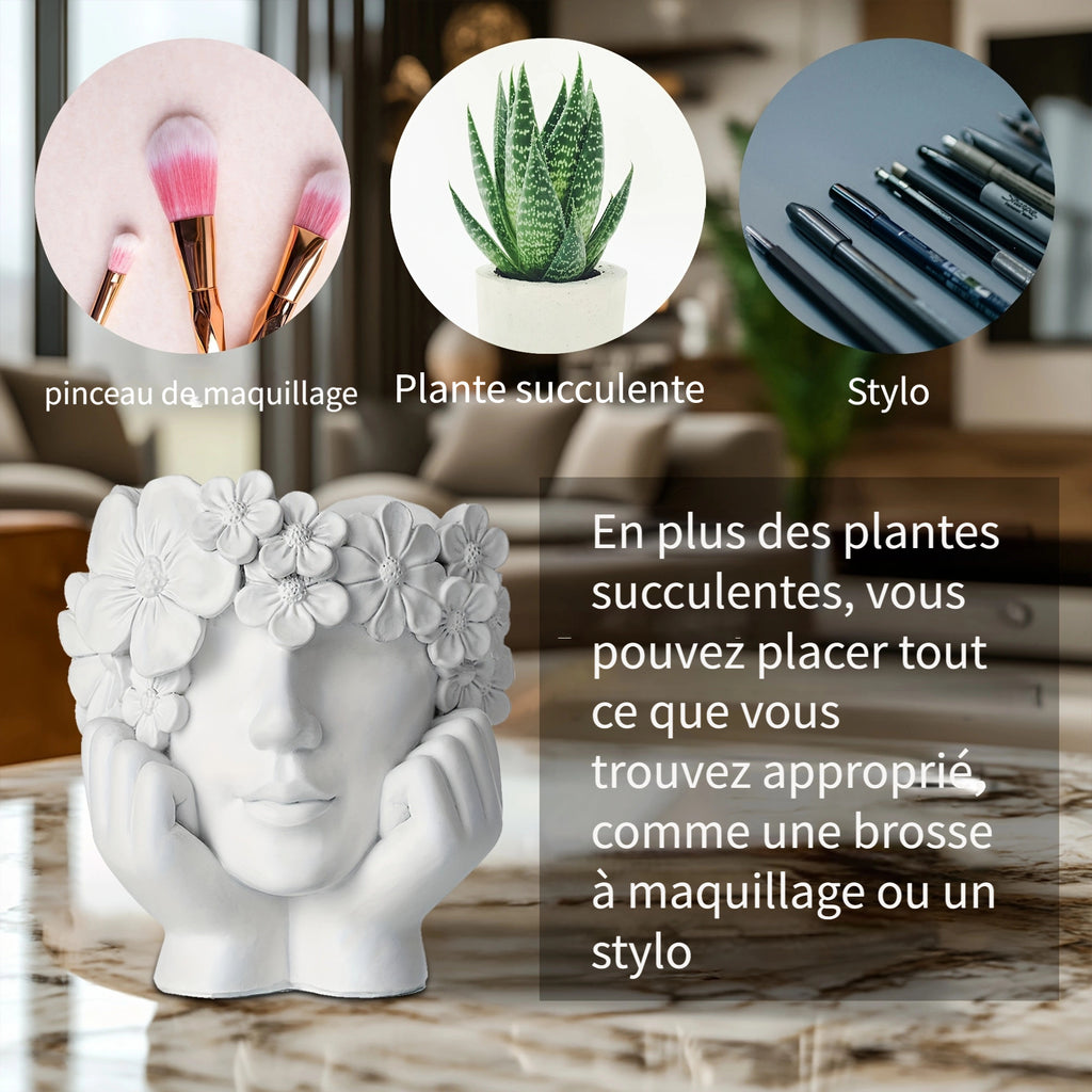 Cache-pot visage fleuri en résine Ø 14 cm pour succulentes