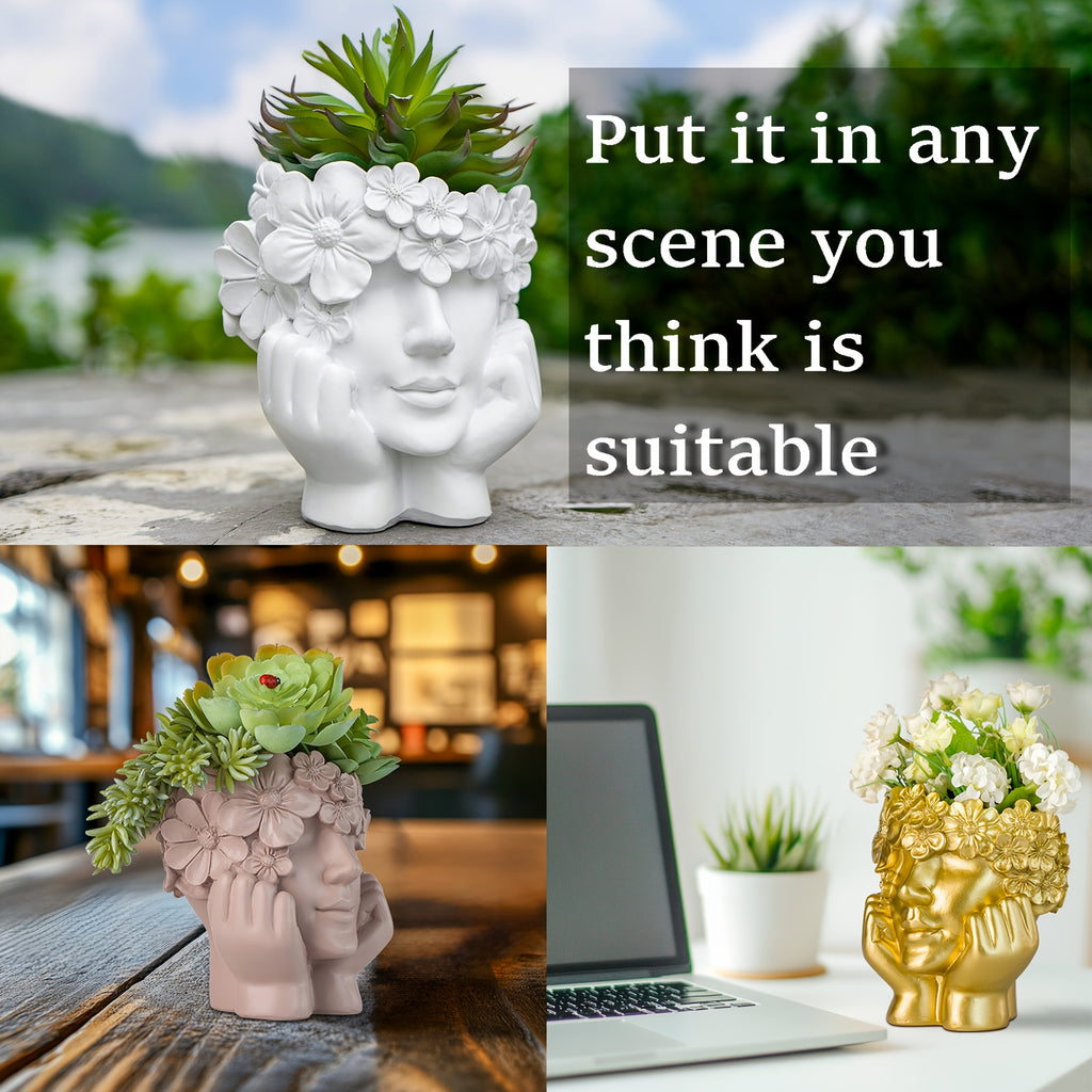 Cache-pot visage fleuri en résine Ø 14 cm pour succulentes