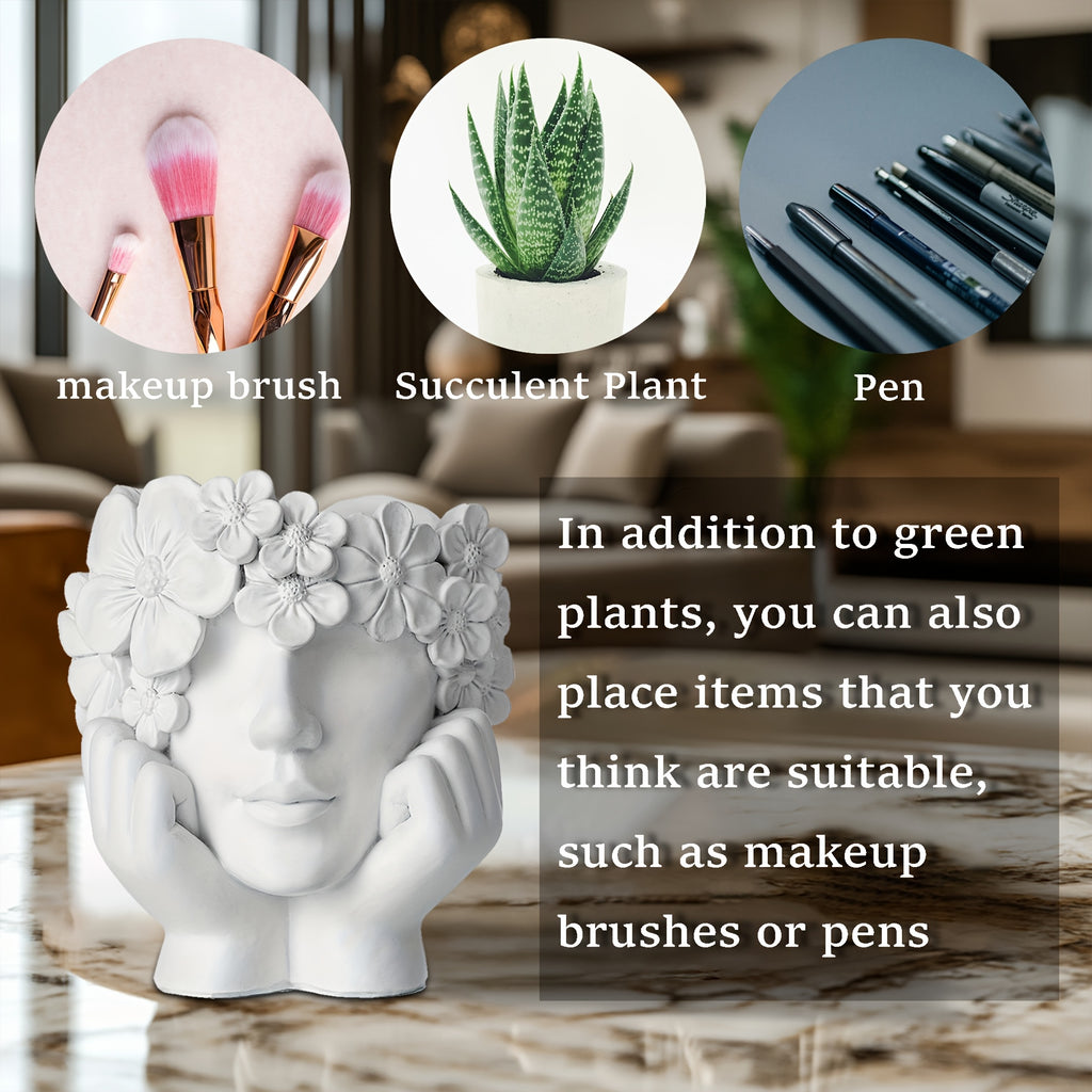 Cache-pot visage fleuri en résine Ø 14 cm pour succulentes