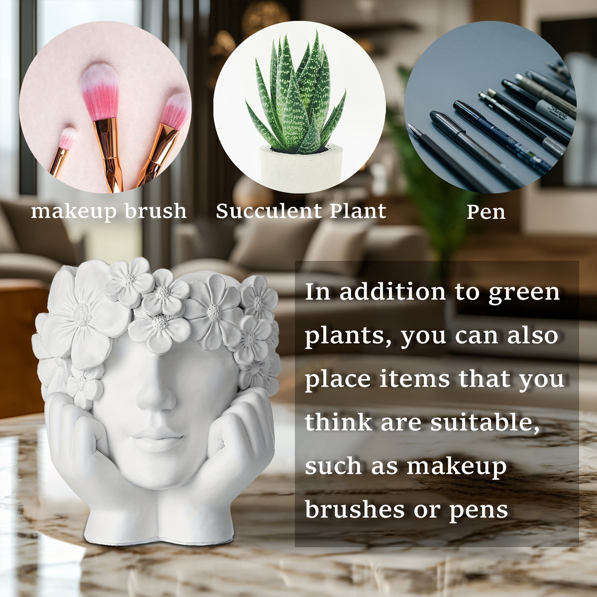 Cache-pot visage fleuri en résine Ø 14 cm pour succulentes