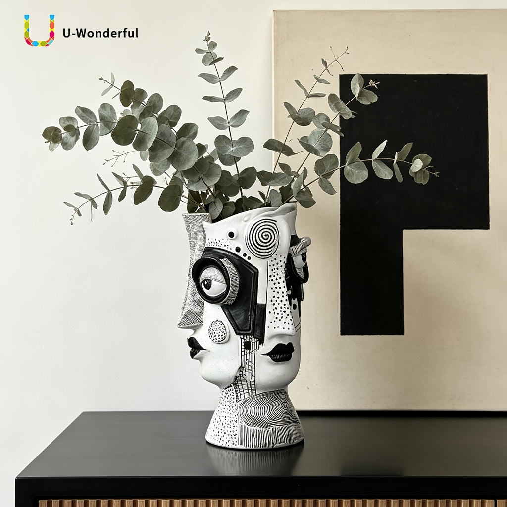 Cache-pot visage sculptural en résine — déco art moderne