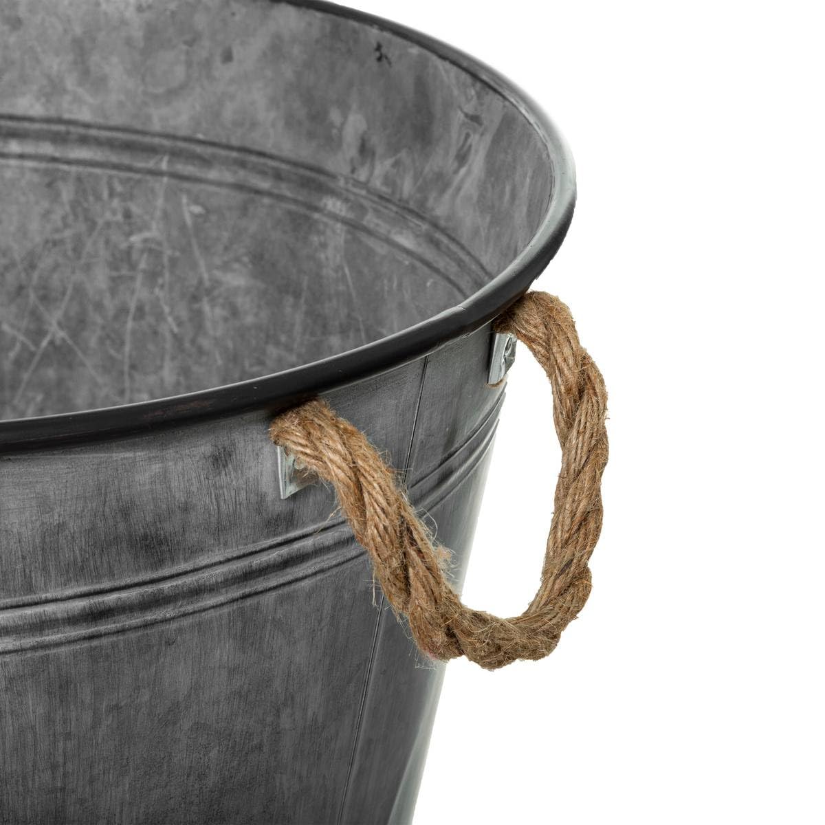 Cache-pot zinc gris H 48 cm - patine vintage et anses corde